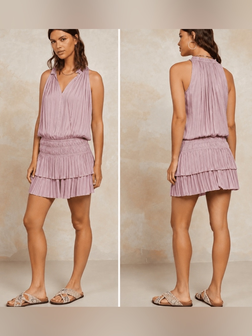 Anthropologie Drop Waist Pleated Mini Dress Blush Pink Coquette Romantic Large - Picture 2 of 6